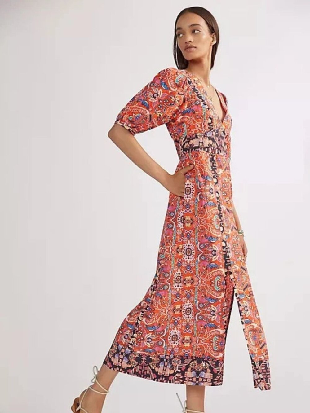 Anthropologie Orange Multi Abstract Motif Cotton Midi Dress Size 0 57157